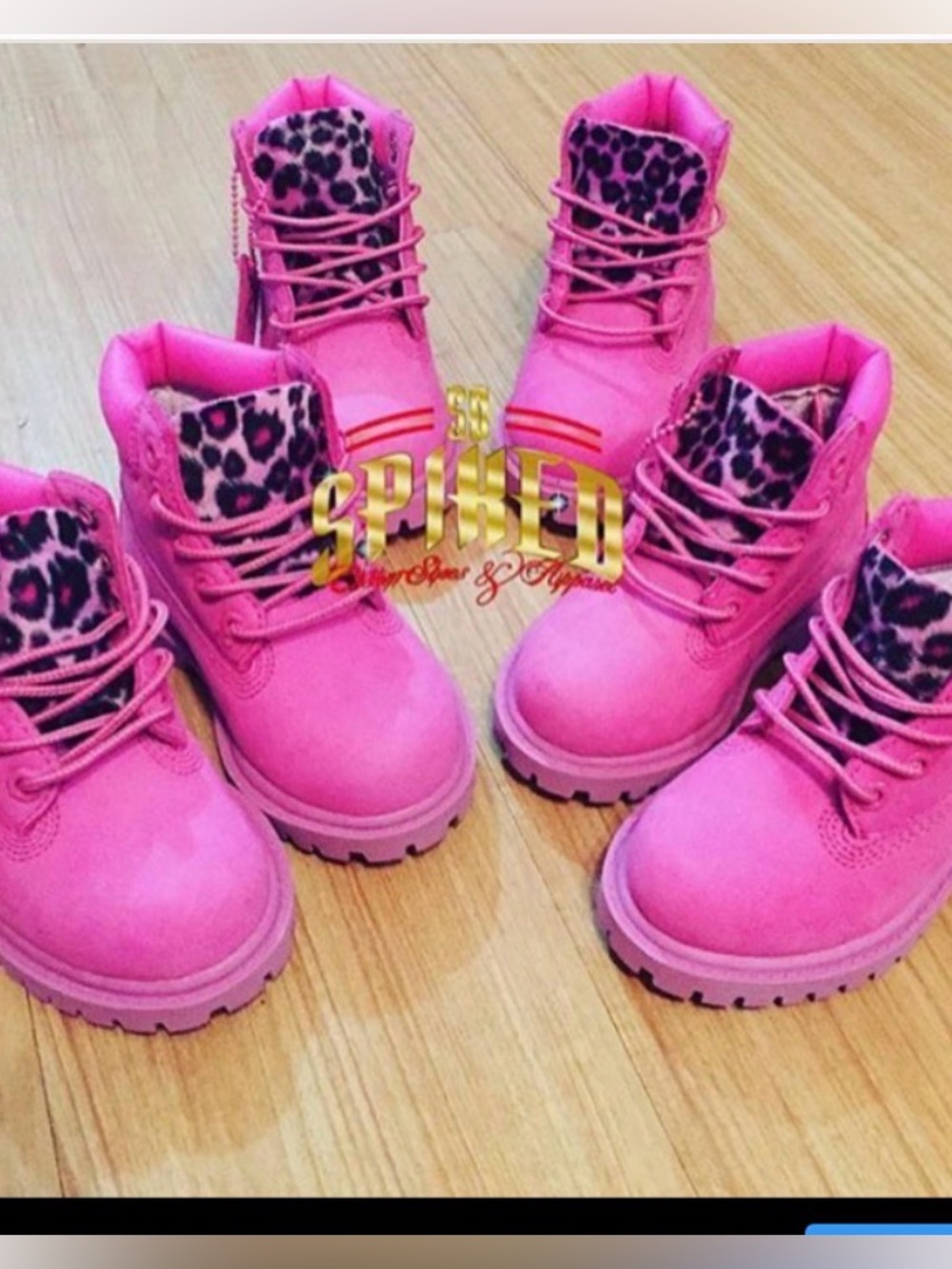 Timberland Kids Hot Pink Suede Lace-Up Boots with Leopard Tongue (custom)
